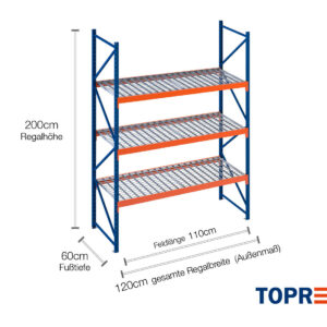 1,2 m Lagerregal LR2000 / 60 cm tief / 2 m hoch / 3 Ebenen / Auflage Gitterrost