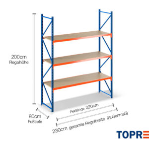 2,3 m Lagerregal LR2000 / 80 cm tief / 2 m hoch / 3 Ebenen / Auflage Holz