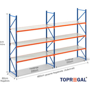 4,6 m Lagerregal LR2000 / 60 cm tief / 2,5 m hoch / 3 Ebenen / Auflage Stahl