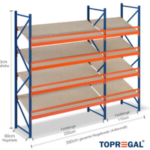 3,5 m Schrägbodenregal SR1500 / 60 cm tief / 2,5 m hoch / 4 Ebenen / Auflage Holz