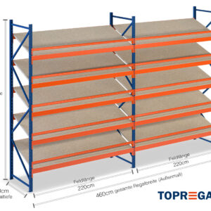 4,6 m Schrägbodenregal SR1500 / 80 cm tief / 2 m hoch / 5 Ebenen / Auflage Holz