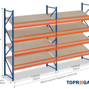 4,6 m Schrägbodenregal SR1500 / 80 cm tief / 3 m hoch / 4 Ebenen / Auflage Holz