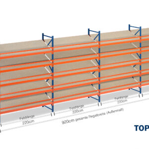 9,2 m Schrägbodenregal SR1500 / 60 cm tief / 2,5 m hoch / 5 Ebenen / Auflage Holz