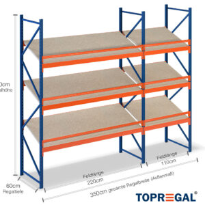 3,5 m Schrägbodenregal SR1500 / 60 cm tief / 2 m hoch / 3 Ebenen / Auflage Holz