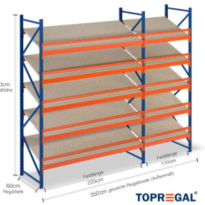 3,5 m Schrägbodenregal SR1500 / 60 cm tief / 2,5 m hoch / 5 Ebenen / Auflage Holz