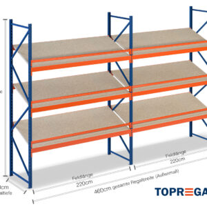 4,6 m Schrägbodenregal SR1500 / 60 cm tief / 2,5 m hoch / 3 Ebenen / Auflage Holz