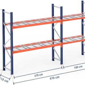 4,7 m Palettenregal PR9000 / 110 cm tief / 3 m hoch / 2 Ebenen / Auflage Drahtgitter