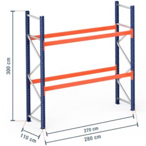 2,8 m Palettenregal PR9000 / 110 cm tief / 3 m hoch / 2 Ebenen für 9 Europaletten