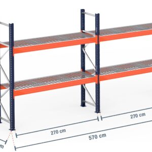 5,7 m Palettenregal PR15000 / 110 cm tief / 3,5 m hoch / 2 Ebenen / Auflage Gitterrost