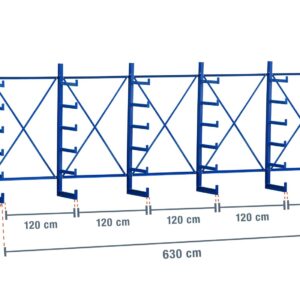 6,3 m Kragarmregal KR2500 / Lackiert / Einseitig / 2 m hoch / 5 Ebenen / 50 cm Armtiefe