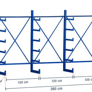 3,8 m Kragarmregal KR2500 / Lackiert / Einseitig / 2 m hoch / 5 Ebenen / 50 cm Armtiefe