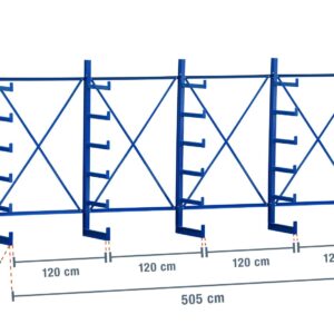 5,05 m Kragarmregal KR2500 / Lackiert / Einseitig / 2 m hoch / 5 Ebenen / 50 cm Armtiefe