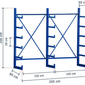 2,55 m Kragarmregal KR2500 / Lackiert / Einseitig / 2 m hoch / 5 Ebenen / 50 cm Armtiefe