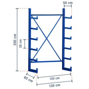 1,3 m Kragarmregal KR2500 / Lackiert / Einseitig / 2 m hoch / 5 Ebenen / 50 cm Armtiefe