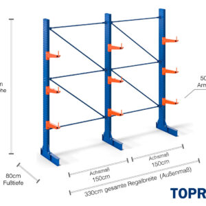 3,3 m Kragarmregal KR3000 / Lackiert / Einseitig / 50 cm Armtiefe / 2 m hoch /  3 Ebenen