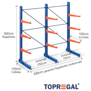 3,3 m Kragarmregal KR3000 / Lackiert / Einseitig / 100 cm Armtiefe / 3 m hoch /  3 Ebenen
