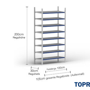 1 m Fachbodenregal FB200 / 30 cm tief / 2 m hoch / 8 Ebenen / Auflage Stahl / Fachlast 200 kg