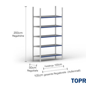 1 m Fachbodenregal FB200 / 50 cm tief / 2 m hoch / 5 Ebenen / Auflage Stahl / Fachlast 200 kg
