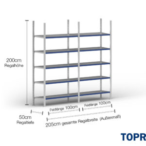 2 m Fachbodenregal FB200 / 50 cm tief / 2 m hoch / 5 Ebenen / Auflage Stahl / Fachlast 200 kg