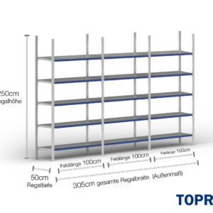 3 m Fachbodenregal FB200 / 50 cm tief / 2,5 m hoch / 5 Ebenen / Auflage Stahl / Fachlast 200 kg